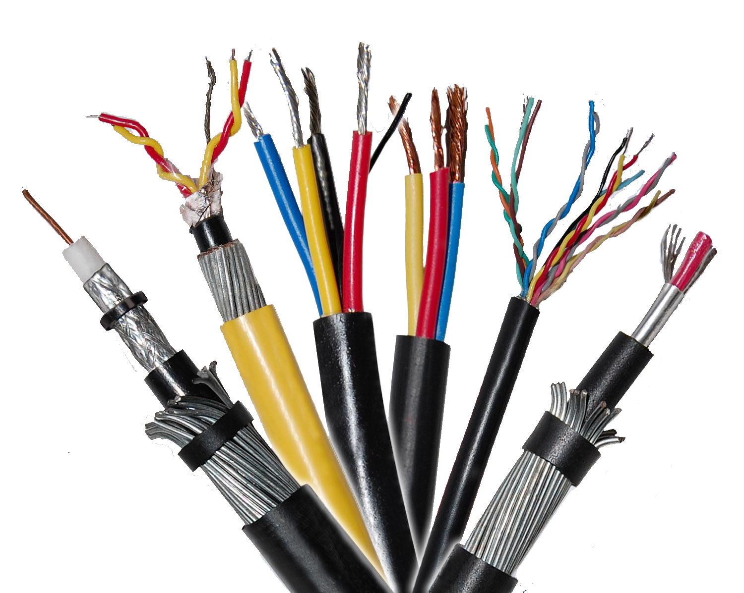  Exposed wires of various types of cables against a white background.